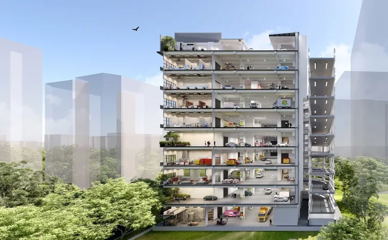 Sectional perspective of Smart Food @ Mandai showing production units across ten ramped-up storeys